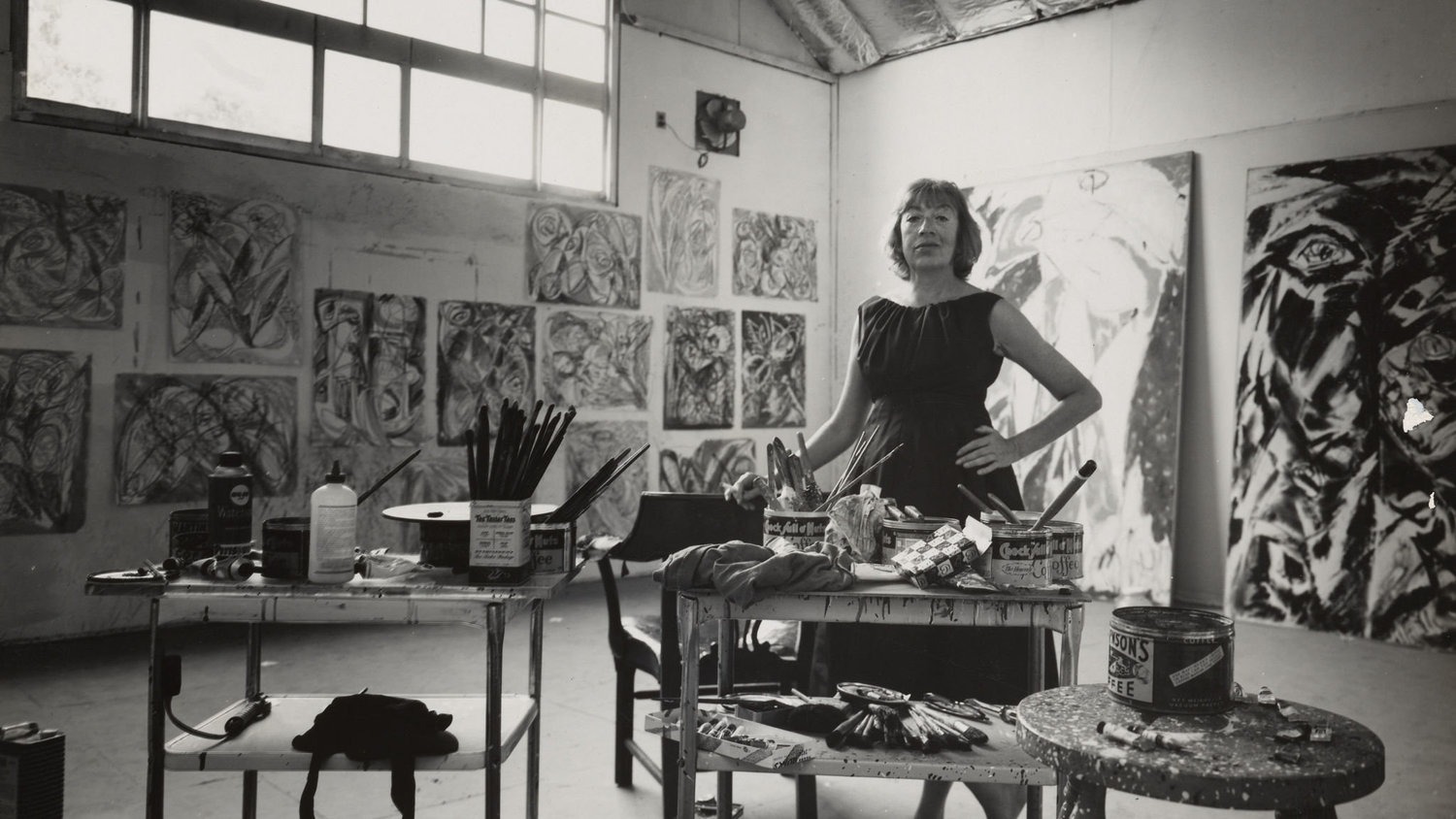 Lee Krasner in her studio in the barn, Springs, 1962, Krasner was married to artist Jackson Pollock, but she was a well-regarded artist in her own right.